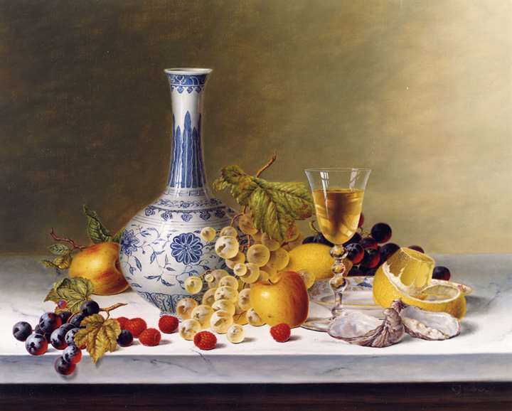 Still Life with Ming Vase & Fruit on Marble